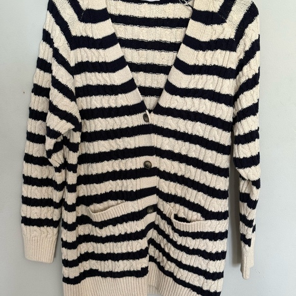 ZARA Striped Cotton Navy and Cream Women's Cardigan - Picture 3 of 10